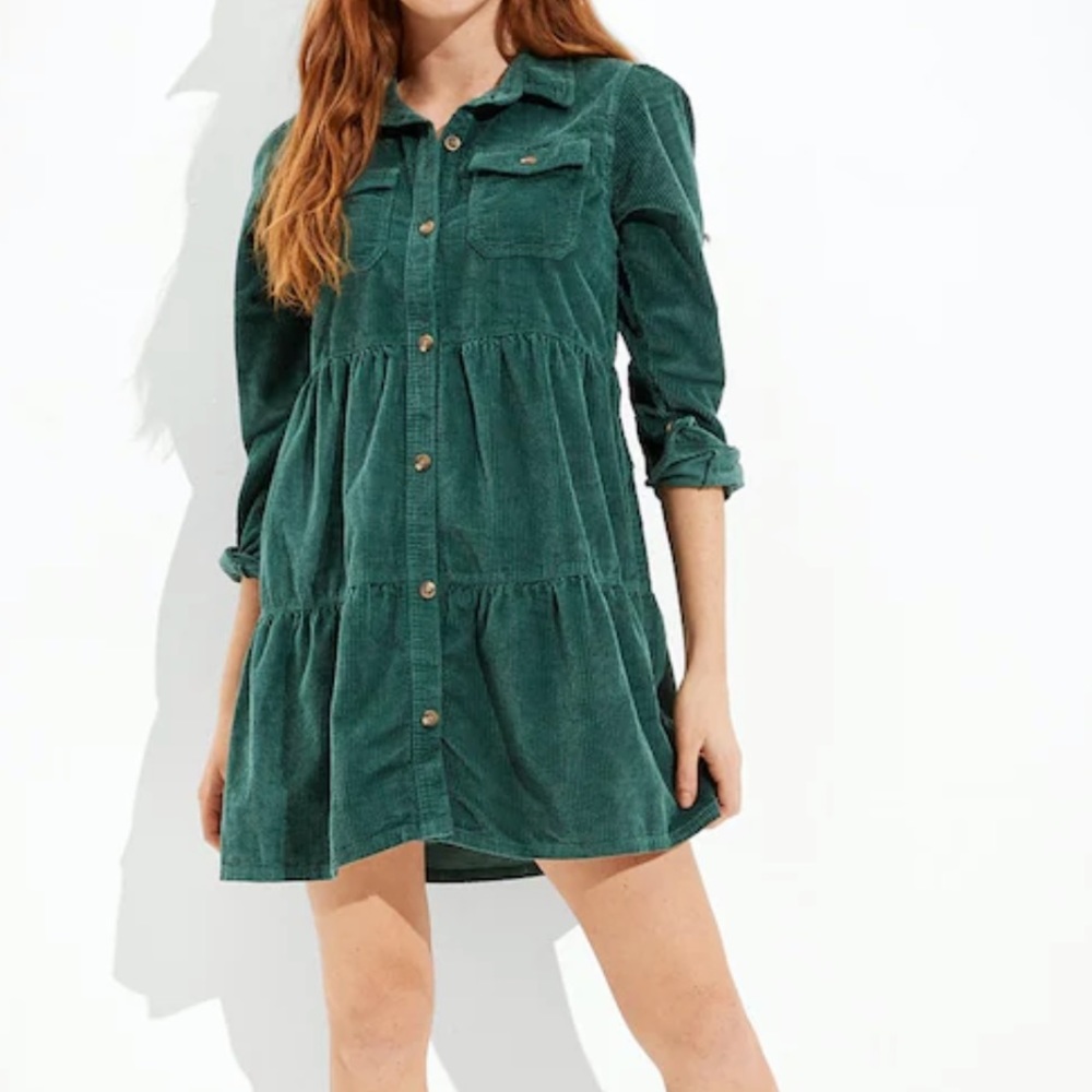 American Eagle Women Green Corduroy Button-Up Babydoll Shirt Dress size small